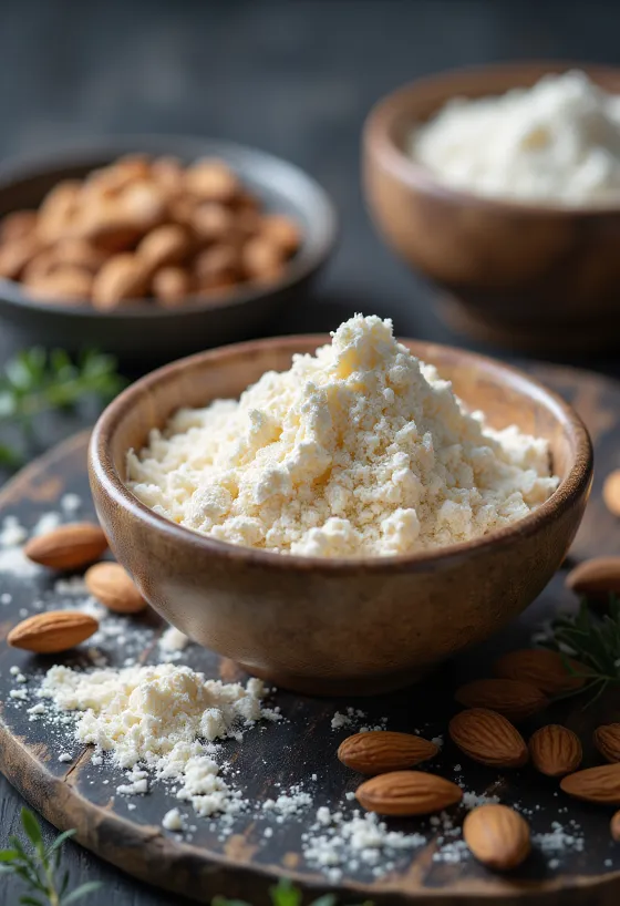 Sendok kayu berisi bubuk susu almond halus di atas mangkuk