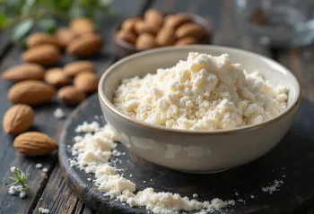 Sendok kayu berisi bubuk susu almond halus di atas mangkuk