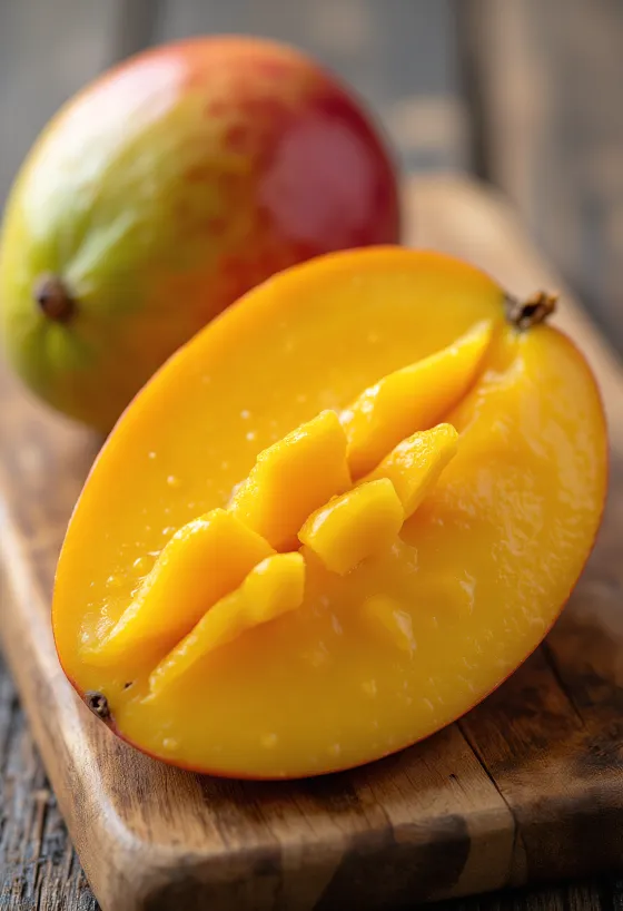 Mangga segar teriris di meja kayu, dengan daging oranye cerah
