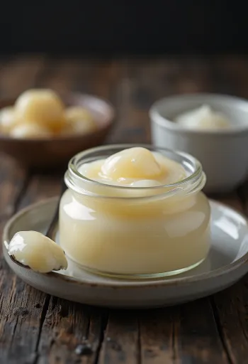 Royal jelly creamy kekuningan dalam toples dan sendok porselen