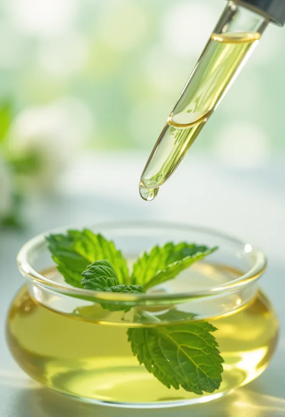 Minyak peppermint dalam botol dikelilingi daun mint segar
