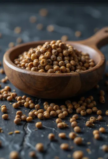 Biji sawi cokelat (mustard seeds) di meja dapur kayu