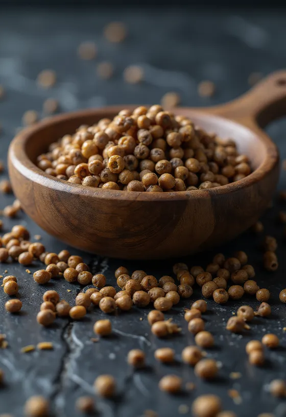 Biji sawi cokelat (mustard seeds) di meja dapur kayu