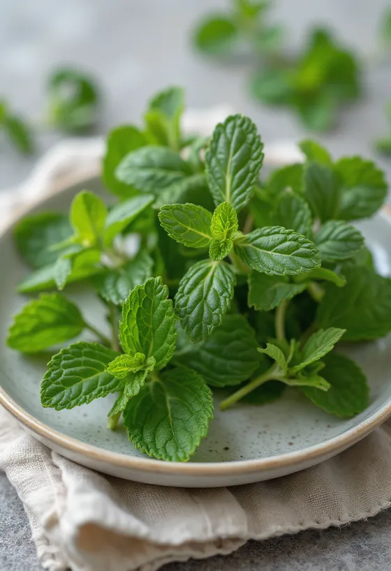 Daun peppermint kering di atas piring bersih
