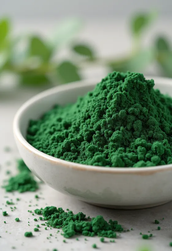 Bubuk chlorella hijau tua dalam botol dan bentuk tablet