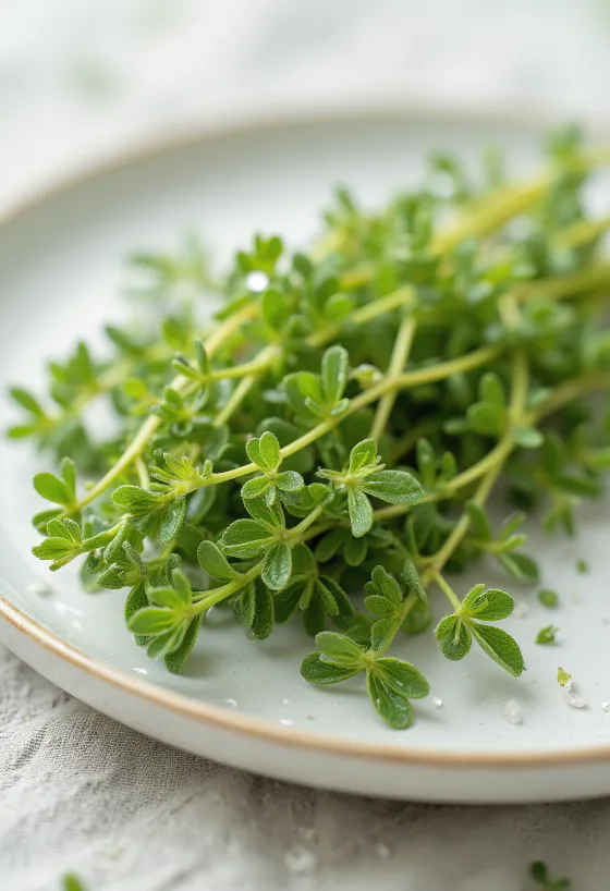 Daun lemon thyme segar di atas piring kecil