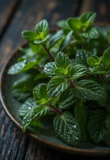 Daun Chocolate Mint segar di atas piring bersih