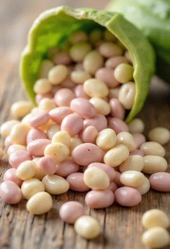 Kacang putih kupas di atas talenan, tertata bersih dan rapi