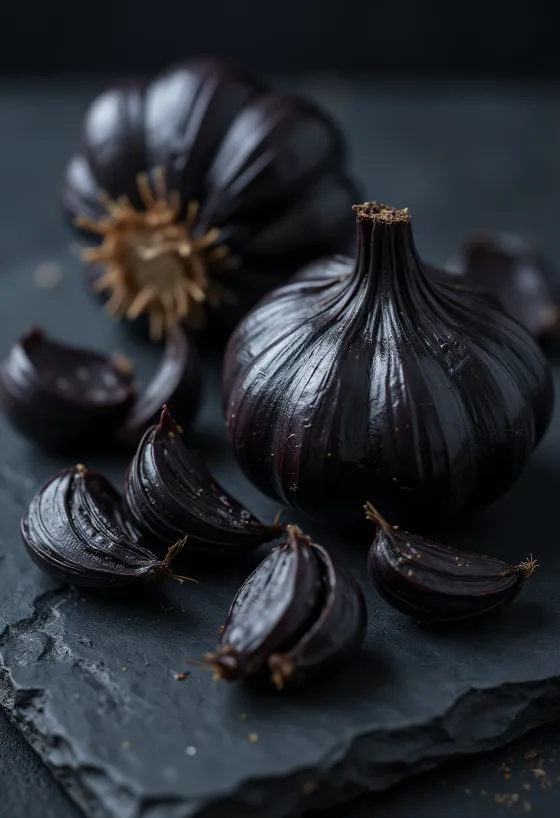 Bawang hitam yang indah, berkilau, warna gelap, tertata di mangkuk kecil