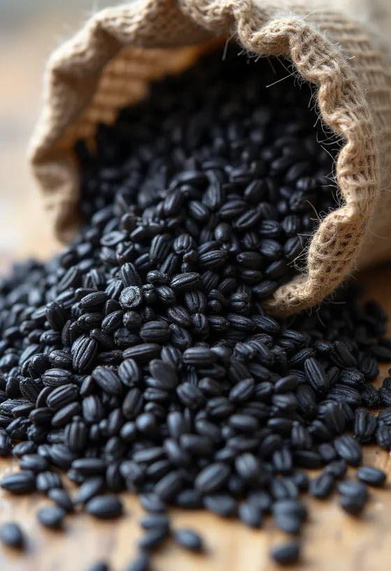 Beras hitam dalam toples kecil, warna gelap yang kaya, dikelilingi butiran beras mentah