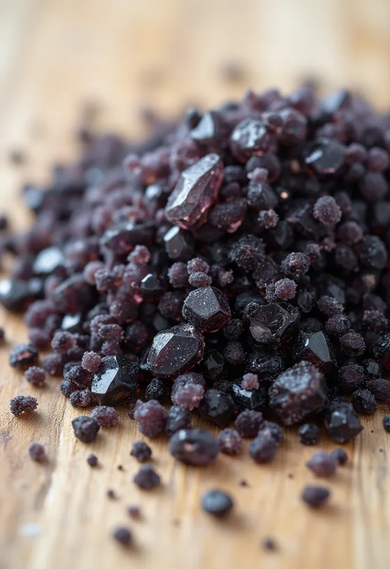 Garam hitam di toples kecil, warna hitam pekat, dikelilingi kristal garam dan sendok kayu