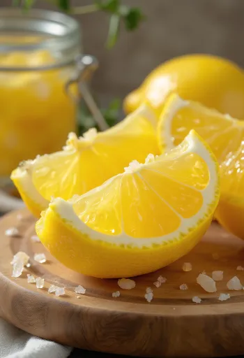Irisan lemon fermentasi dalam toples, warna kuning emas sedikit transparan