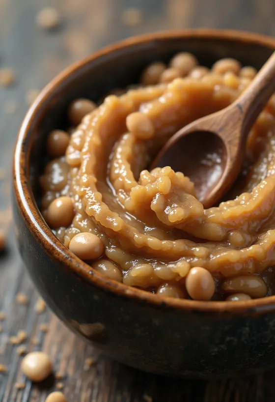 Makanan dari kedelai fermentasi dalam toples kecil, dikelilingi kacang kedelai
