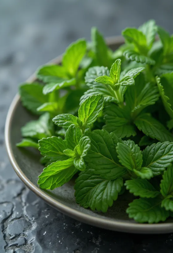 Daun Spearmint segar tertata rapi di piring
