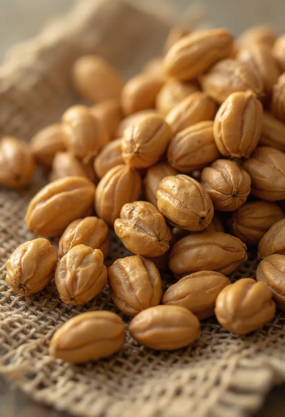 Umbi tiger nut (chufa) di atas talenan, dikelilingi sayuran segar