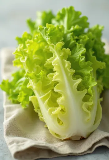 Selada Frisée segar (cikoria), daun hijau keriting di atas talenan