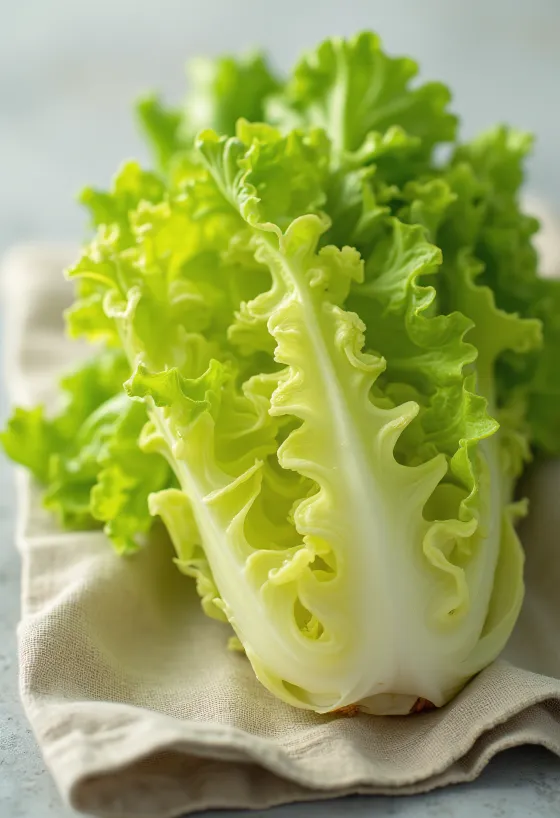 Selada Frisée segar (cikoria), daun hijau keriting di atas talenan