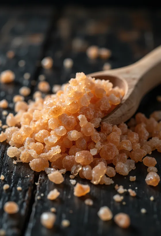 Garam asap dalam toples kecil, warna cokelat kaya, dikelilingi kristal garam asap