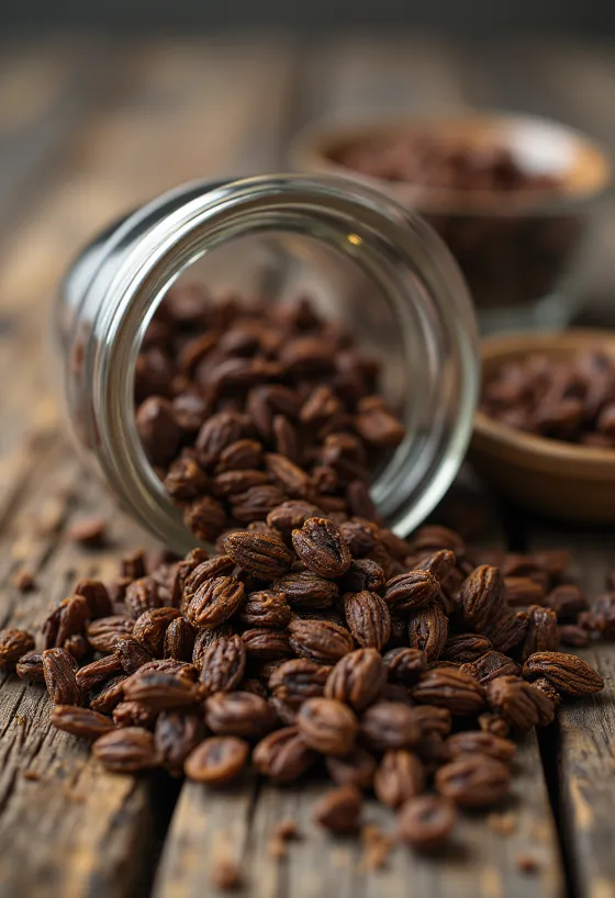 Butiran gandum hitam panggang di talenan, pencahayaan alami