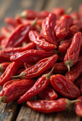 Goji berry merah kering dalam toples dan tersebar di sekitarnya