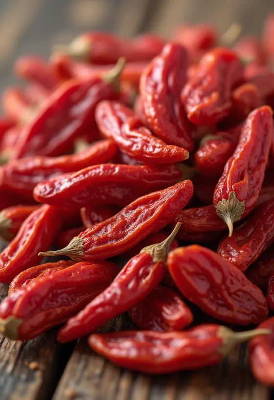 Goji berry merah kering dalam toples dan tersebar di sekitarnya