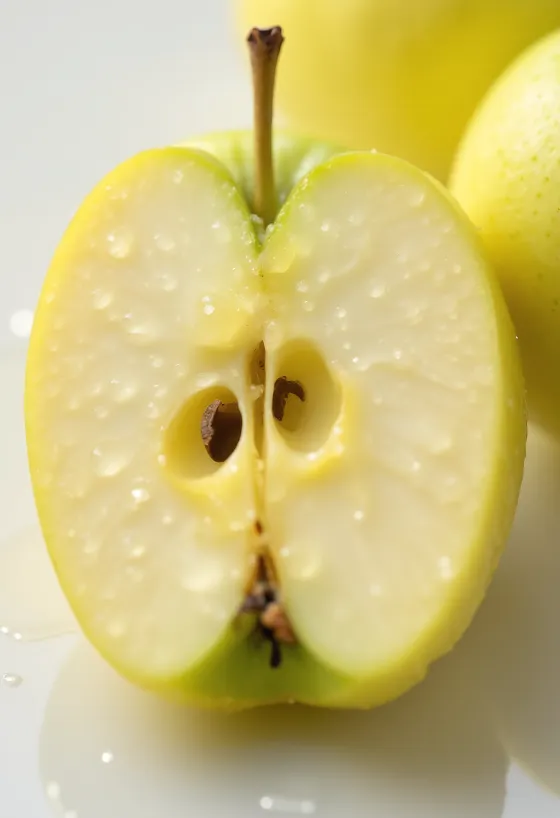 Apel Golden Delicious segar utuh dan irisan di atas talenan