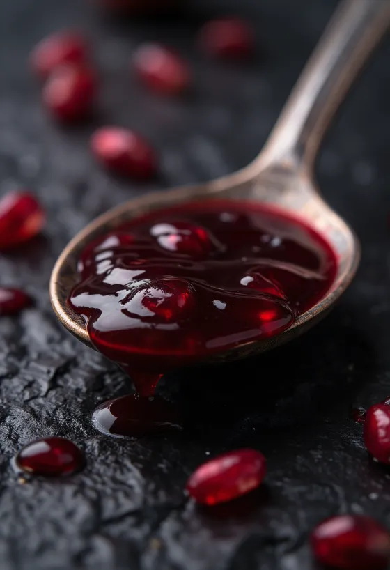 Sirup delima kental berwarna merah rubi dalam botol kaca kecil