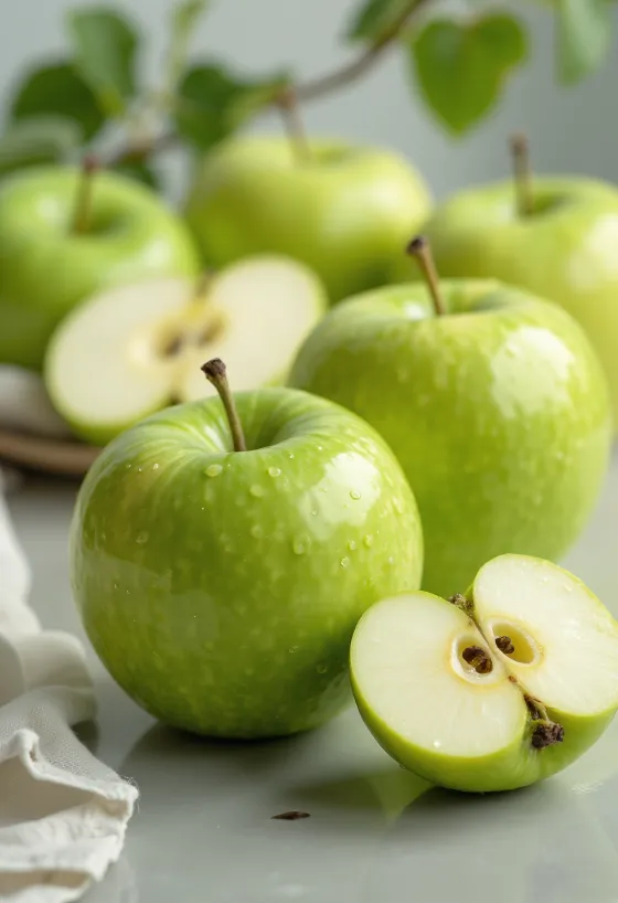 Apel Granny Smith hijau segar utuh dan irisan di atas talenan