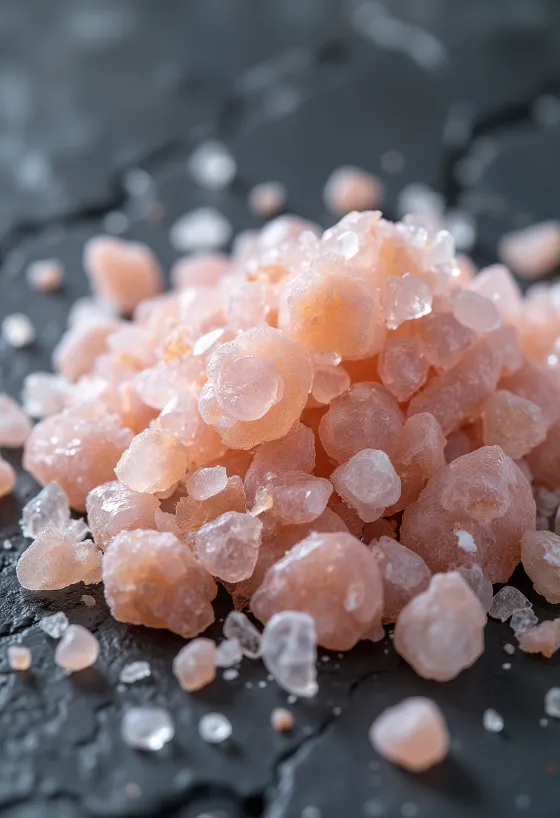 Garam Himalaya butiran kasar dalam toples kaca dan kristal garam di sekitarnya