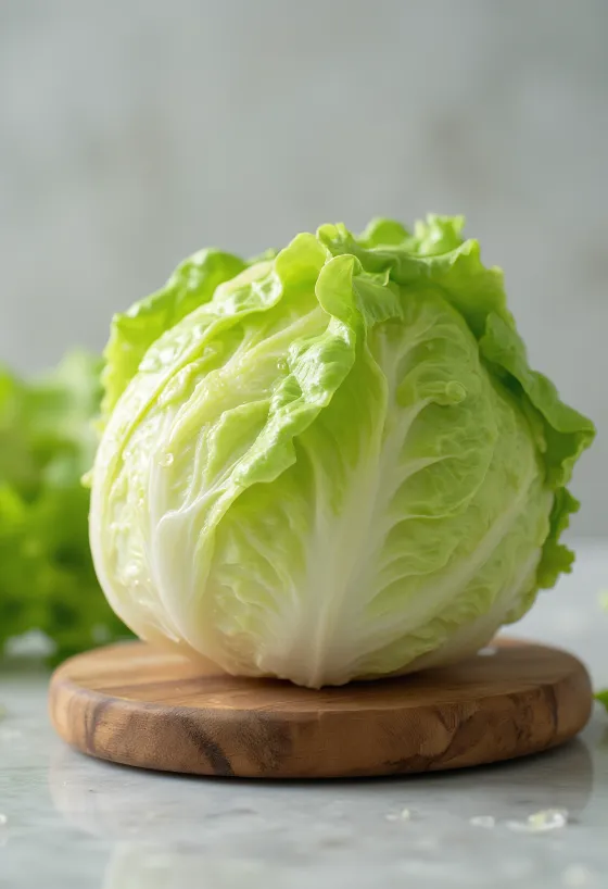 Selada iceberg segar dengan lapisan daun bagian dalam yang terlihat renyah