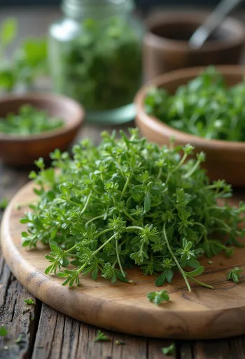 Daun caraway thyme segar di atas piring