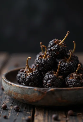 Biji kemukus (Piper cubeba) di atas meja kayu dapur