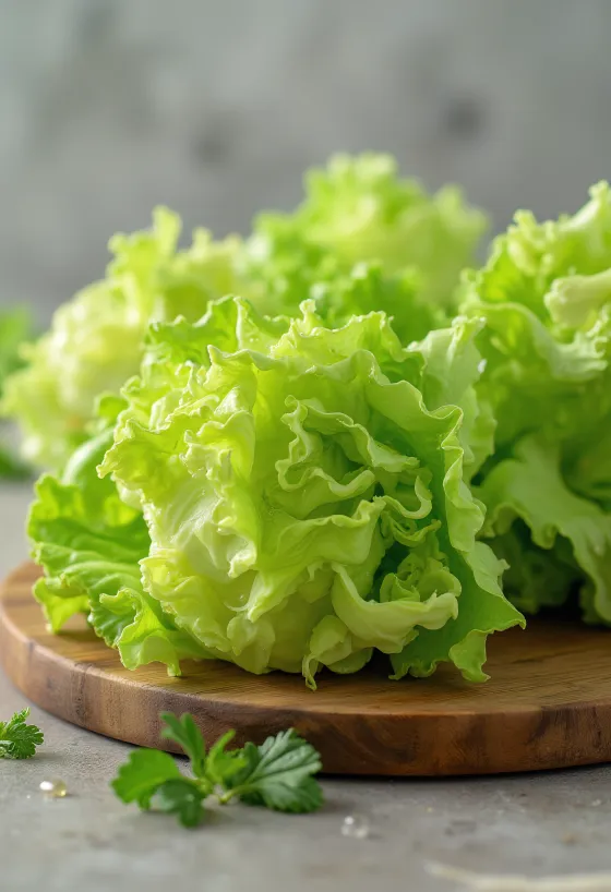 Daun selada Lollo Bionda hijau keriting segar di atas talenan