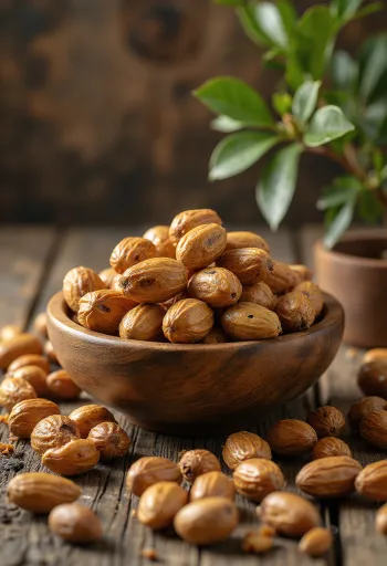 Biji kacang mongongo di atas meja kayu dapur
