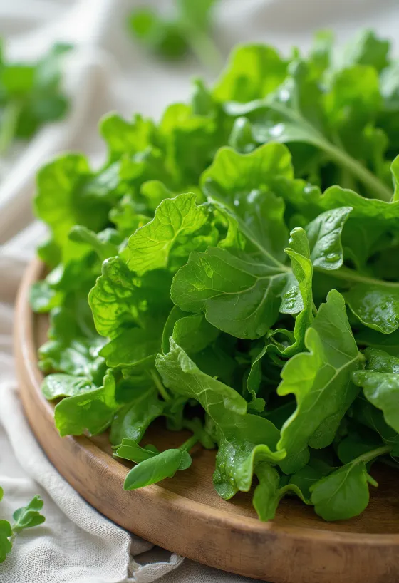 Daun sawi pahit (mustard greens) segar dengan tetesan air