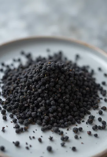 Biji jintan hitam (Habbatussauda) kering di atas meja kayu
