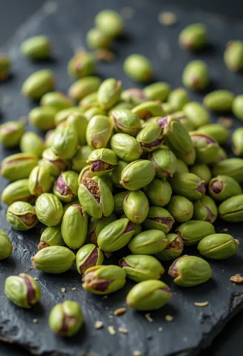 Kacang pistachio kupas mentah di atas piring putih