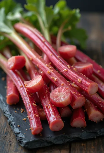 Batang Rhubarb segar di atas talenan dengan warna merah dan hijau kontras