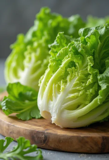 Selada Romaine segar dengan daun panjang hijau renyah di atas talenan