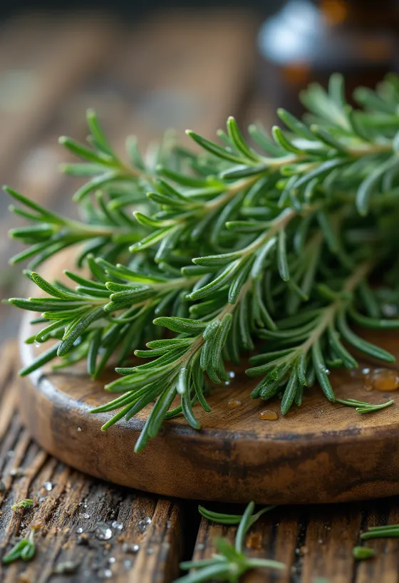 Daun rosemary segar berbentuk jarum di atas piring