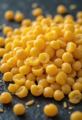 Kacang polong belah kuning di talenan, warna kuning yang menonjol