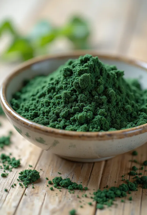 Bubuk spirulina dalam botol kaca kecil, berwarna hijau pekat, dikelilingi tablet spirulina