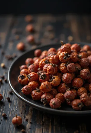 Biji lada sichuan merah kecokelatan di wadah kayu
