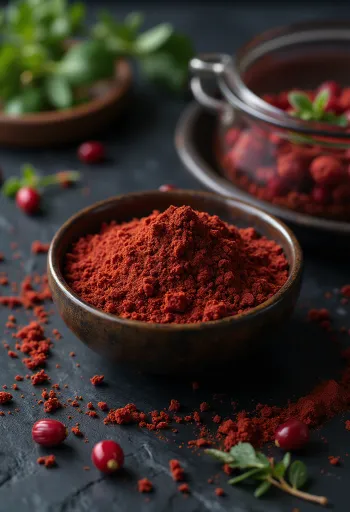 Bubuk dan biji sumac kering di atas sendok kayu