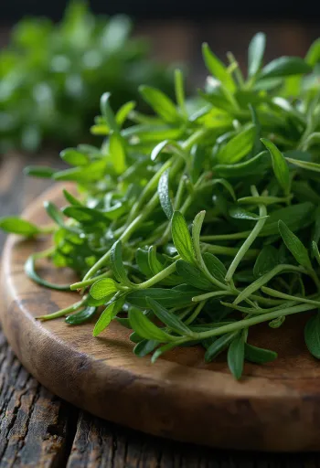 Daun tarragon rusia segar di atas meja kayu