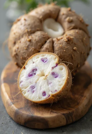 Irisan talas (taro root) di talenan, dikelilingi umbi-umbian segar
