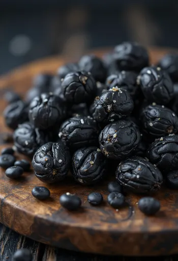 Biji kacang tonka hitam keriput di atas meja kayu