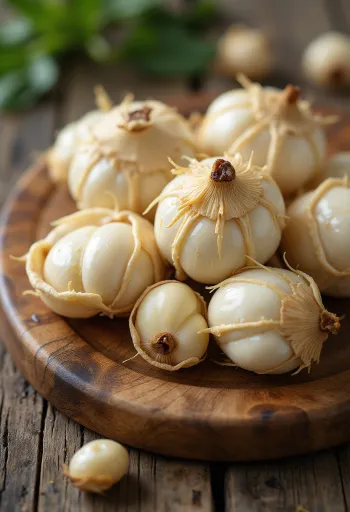 Irisan Water Chestnut di talenan, dikelilingi sayuran segar