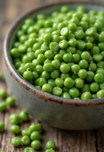 Kacang polong belah hijau di talenan, warna hijau yang menonjol