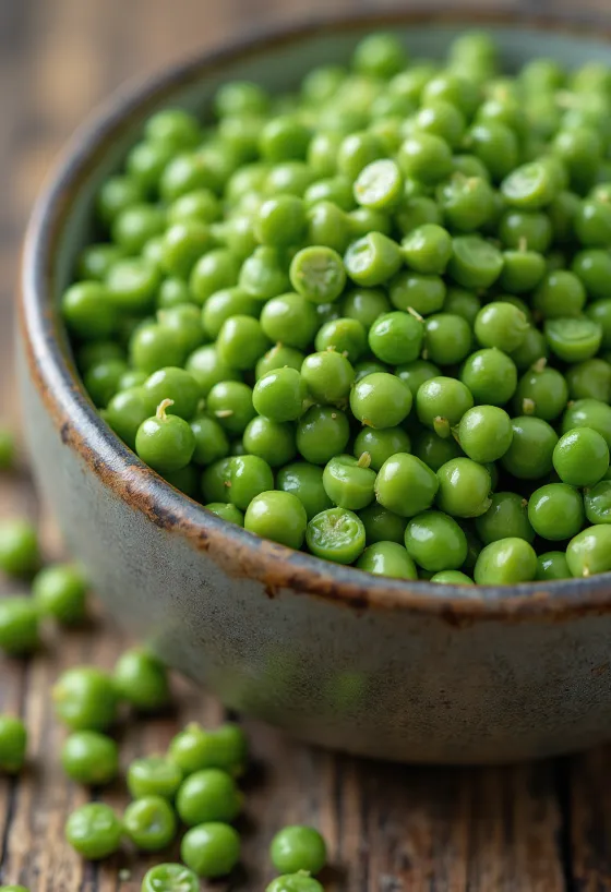 Kacang polong belah hijau di talenan, warna hijau yang menonjol